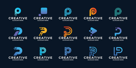 Set of initial letter P modern digital technology logo design.