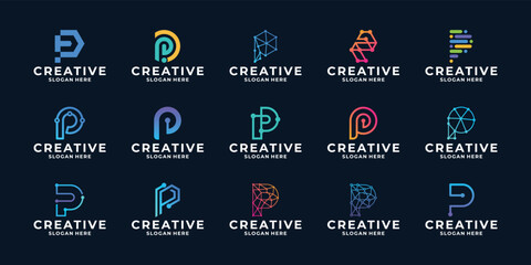 Set of letter P logo design with dot connection logo concept.