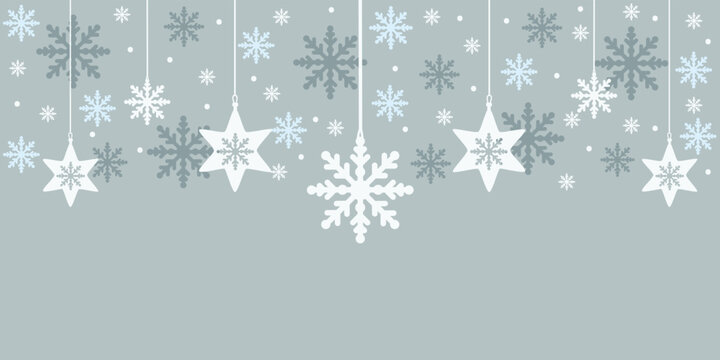 Merry Christmas greeting card, design of xmas with white and blue flakes and snowflakes hanging on blue vector background.