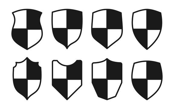 Shield flat icon set. Police badge patch template. Knight heraldic award medieval royal vintage military emblem. Different shapes guard security sign with solid shadow. Virus protection safety symbol