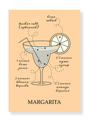 Cocktail Margarita banner. Alcoholic drink with lemon, symbol of rest in tropical and exotic countries. Graphic element for printing on fabric. Fashion and style. Cartoon flat vector illustration