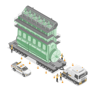 heavy haulage oversize load big marine engine special transportation for industrial logistics spaceship parts shipping isometric isolate on white background