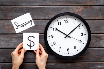 Wall clock and shopping signs and icons. Sale and shopping time