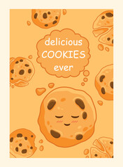 Banner with cookie. Cafe or restaurant menu, promotional graphic element for website. Flour products, bakery. Template, layout and mock up. Dessert and sweet. Cartoon flat vector illustration