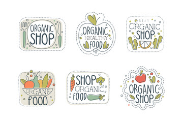 Organic healthy food labels set. Organic shop, farm market and eco natural products badges hand drawn vector illustration