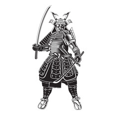 Obraz premium Vector illustration of a Japanese samurai with two swords and wearing a helmet with armor on a white isolated background