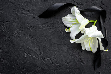 Obraz na płótnie Canvas Two white liles flowers with black ribbon. Mourning or funeral background