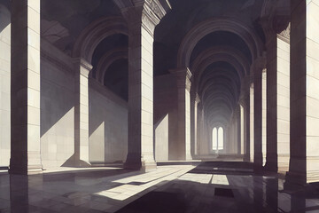 Fototapeta premium Greek and Roman inspired architecture, grand hall, roman forum background, concept art, digital illustration, Generative AI