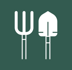 White farming icon. Simple sticker with equipment and tools for agriculture. Metal shovel, pitchfork or rake. Design element for applications. Cartoon flat vector illustration on green background