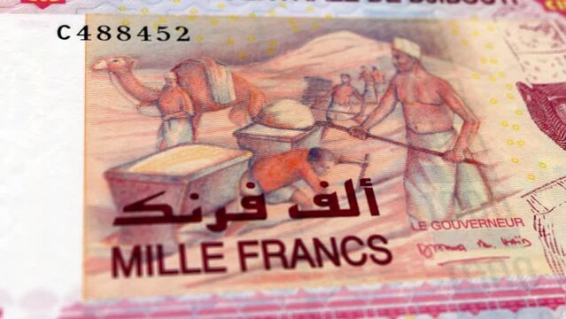 Djibouti Djiboutian Franc 1000 Banknotes, Thousand Djiboutian Franc, Close-up and macro view of the Djiboutian Franc, Tracking and Dolly Shots 1000 Djiboutian Franc banknote Observe and Reserve Side