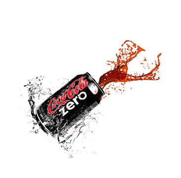 Malaga Spain - October, 29, 2021: Illustration of Coca-Cola Zero can with splash isolated on trasparent background