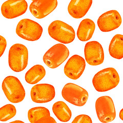 Watercolor pattern natural organic sea buckthorn. Hand drawn watercolor on white background. Wild berries perfect for invitation, greeting cards and other design