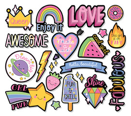 Set of Fashion patches labels. Colorful trendy stickers with ice cream, diamond, rainbow and crown. Decorative vintage badges for girls. Cartoon flat vector collection isolated on white background