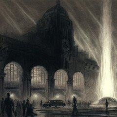 Charcoal rendering of a Railway Station 