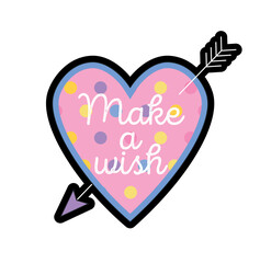 Fashion patch label. Badge with heart, arrow and inscription. Make wish. Love and positivity. Design element for stickers and icons. Cartoon flat vector collection isolated on white background