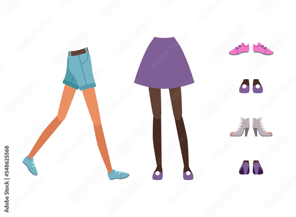 Canvas Prints Legs of girl in skirt, shorts and shoes collection. Constructor for animation cartoon vector illustration