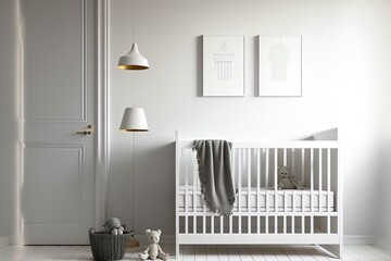 White Crib In A Minimal Nursery Room - obrazy, fototapety, plakaty
