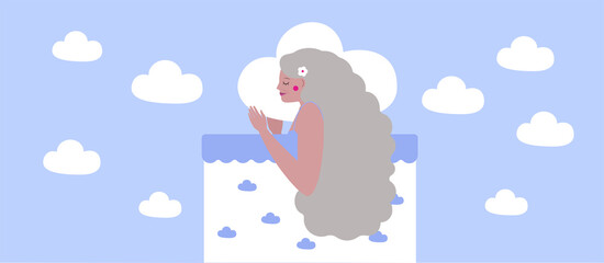 illustration of older woman sleeping, blue background, clouds, wellbeing, senior, menopause 