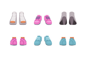 Footwear set, front or back view. Stylish fashion female shoes, sneakers and high heels cartoon vector illustration