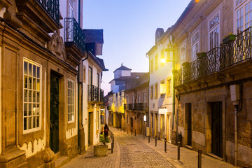 Fototapeta na wymiar Evening view of streets and houses of old city of Vila Real at northern Portugal