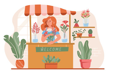 Florist making bouquet. Young girl with flowers and plants, small business owner and salesperson. Botany and floristry, romantic gifts. Poster or banner for website. Cartoon flat vector illustration