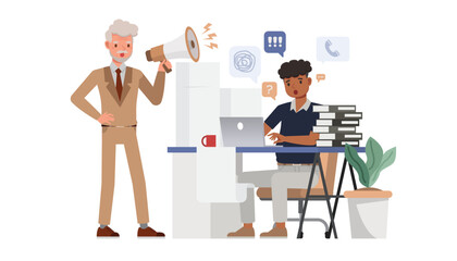 Business distractions concept. Office man and woman character vector design. Business people working in office planning, thinking and economic analysis on isolated white background.