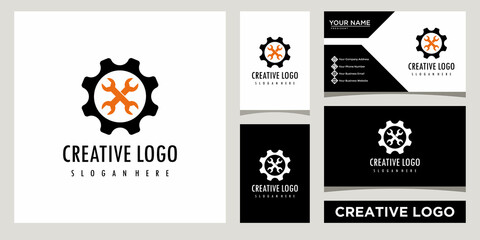 Mechanic tools, repairing service icon logo design template with business card design