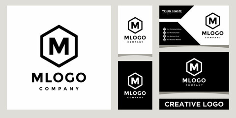 Initials monogram letter M with hexagon shape logo design template with business card design