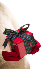 Transparent PNG Woman Wearing Red Mittens Holding Christmas Gift.