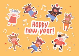 New Year stickers set. Collection of graphic elements for site, cows in winter clothes. Tradition and culture, Merry Christmas. Cartoon flat vector illustrations isolated on beige background