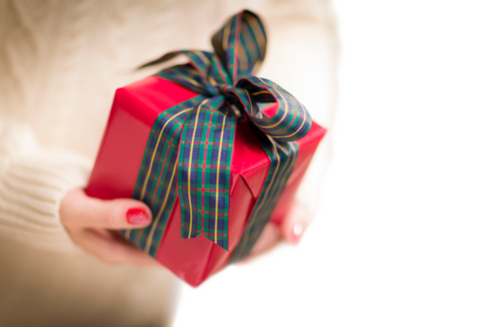 Transparent PNG Woman Wearing A Sweater Holding A Beautifully Wrapped Christmas Gift. - Powered by Adobe