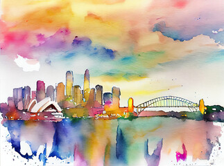 Sydney Skyline — painted in expressive vibrant watercolor washes on thick watercolor paper