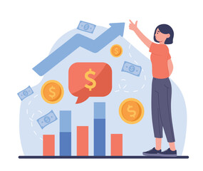 Woman with graphs. Young girl analyzes statistics, infographics. Financial literacy and passive income, increasing company profits. Analyst doing market research. Cartoon flat vector illustration
