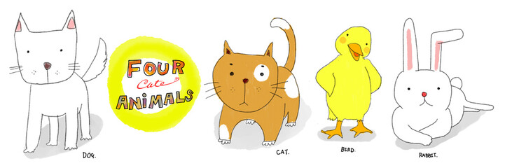 Dog,Cat,Bird,and Rabbit. Relaxing Animals. Water color illustration PNG © たからばこ社