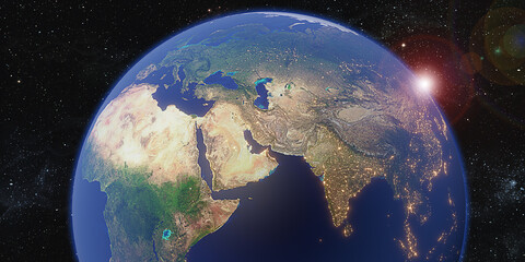 earth background view from spaceship and reflected light from the sun 3D illustration