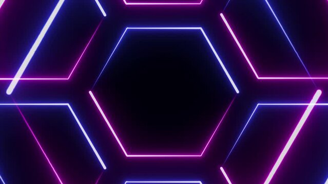 4K Glowing Neon Light Futuristic surface concept with Blue and Magenta Illuminated hexagons Grid. Trendy sci-fi technology background with hexagonal pattern. Seamless loop. Geometric Hexagon Pattern.