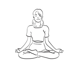 Young woman practicing lotus asana with padmasana pose illustration vector hand drawn isolated on white background line art.
