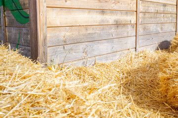 Natural background of wooden boards with rural straw and copy space.