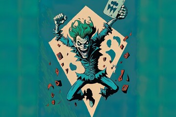 Cartooned Joker Jumping Out Of Playing Card On Blue Green Background.