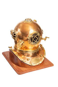 Old metal diving helmet. The device for immersion under water. The study of the deep sea.