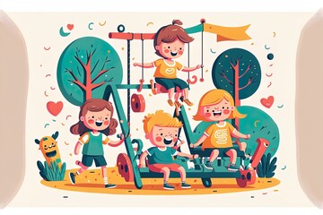 Obraz na płótnie Canvas Happy Children Playing On Playground With Friends Isolated Flat Illustration.