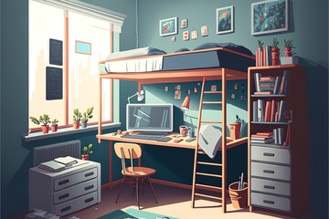 Student Bedroom In Dormitory With Bunk Bed, Computer On Desk, Chair, Wardrobe And Bookshelf. Empty Interior Of College Or University Dorm, Accommodation, Living Apartment, Cartoon 2D Illustrated