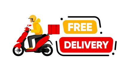 Free Delivery banner. Scooter with a man delivering an order. Delivery concept. Vector illustration.