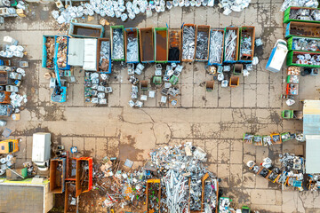 Many containers for sorting and further processing of scrap metal, waste sorting. aerial view