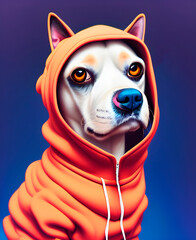Incredibly bright portrait of a dog in hoodie. super cute puppy in clothes