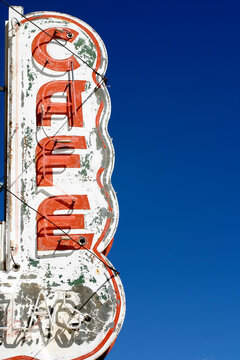 United States, New Mexico, Las Vegas, Low angle view of&nbsp;old-fashioned&nbsp;cafe sign