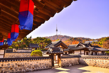 Traditional village scenery of Namsan Hanok Village in Seoul, 서울 남산한옥마을의 전통적인 마을풍경