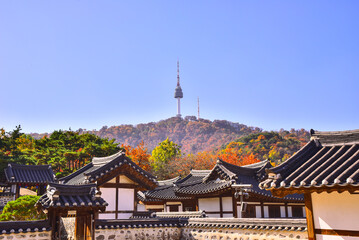 Traditional village scenery of Namsan Hanok Village in Seoul, 서울 남산한옥마을의 전통적인 마을풍경
