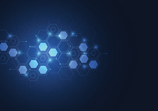 Abstract technology blue hexagons pattern background for Network connection concept with mesh dots and lines innovation. Vector illustration