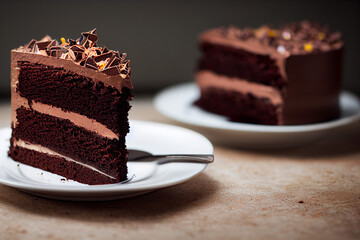 pieces of chocolate cake with chocolate cream lie on white plates